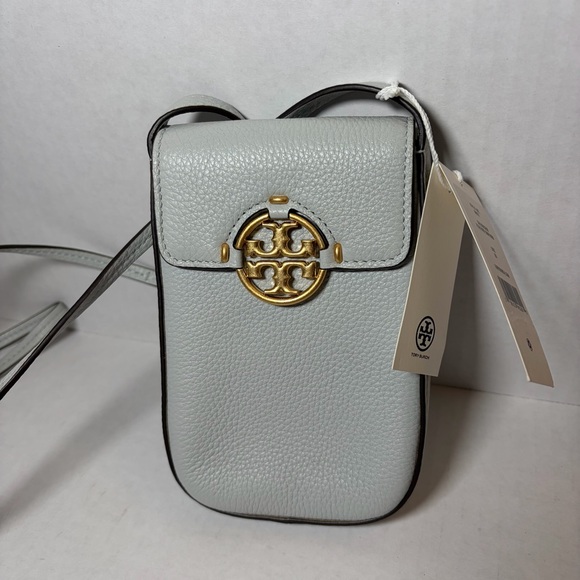 TORY BURCH MILLER PHONE CROSSBODY BAG LEATHER FEATHER GREY NWT
